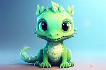 Fototapeta premium Super cute green little baby dragon with big black eyes. Fantasy monster. Funny character