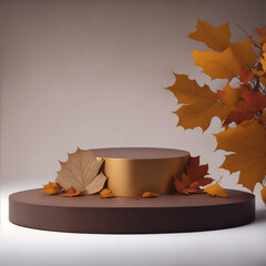 Autumn leaves frame/ Empty podium with leaves, calm and elegant autumn atmosphere for product presentation. Mockup for branding, packaging, marketing, web, banner, editorial, printed matter.