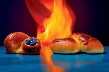 A close-up of two pastries on a table with fire and blue and orange background. Generative AI
