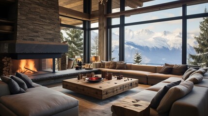 Obraz premium Spacious interior with large windows in a house in the mountains, in winter. Generation AI