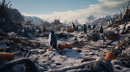 Penguin standing on plastic waste for climate change illustration