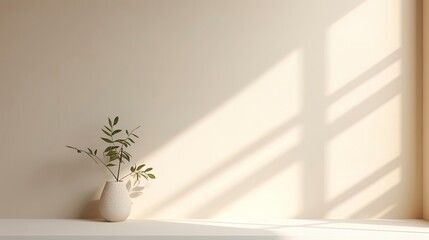 Empty light wall with shadow from a tropical plant. AI generation