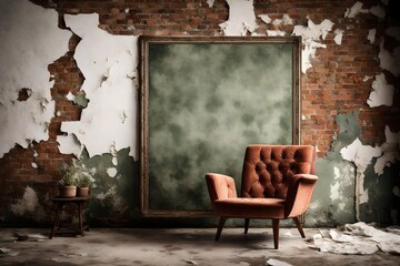 A Canvas Frame for a mockup against the backdrop of peeling paint and brickwork in an old living room, contrasted by the lush velvety texture of a time-worn armchair