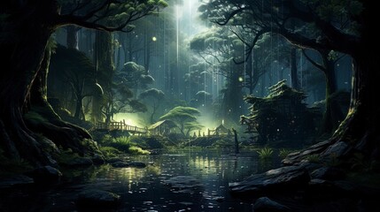 Fantasy forest landscape with a river. AI generation - obrazy, fototapety, plakaty