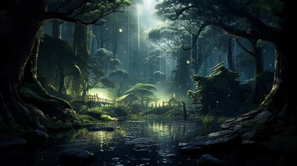 Foto op Canvas Fantasy forest landscape with a river. AI generation © Terablete