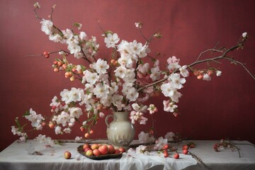 A collection of blossoms arranged on a tabletop against a neutral backdrop. Generative AI