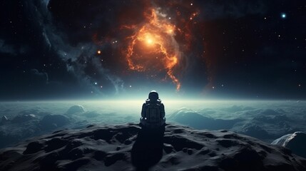 Abstract space background with an astronaut in outer space. Generation AI - obrazy, fototapety, plakaty