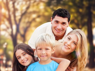 Fototapeta premium Cheerful parents with happy child at park, AI generated image