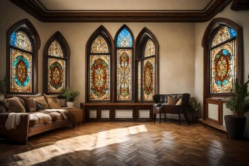 A panoramic view of a Canvas Frame for a mockup in an old living room, showcasing tall, narrow windows with stained glass details filtering in a kaleidoscope of colors