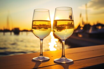 two glasses of white wine at romantic beach