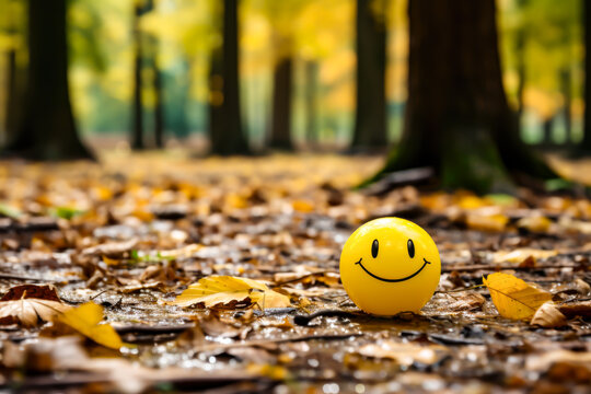 be happy life, a ball with a smiling face drawn on it, on the forest