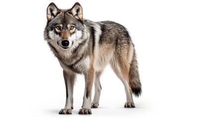 Fototapeta premium Furry dangerous iberian wolf in white background. AI generated image