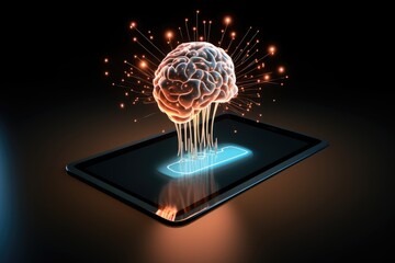 A digital brain above a tablet computer