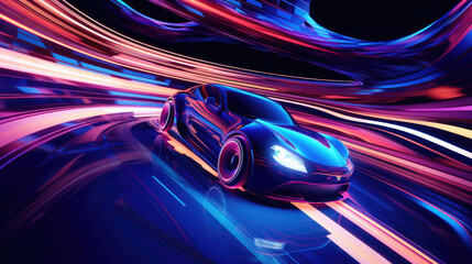 futuristic racing car with light neon effects - obrazy, fototapety, plakaty