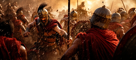 Naklejka premium Warriors of Ancient Greece: Spartans at the Hot Gates, Their Resolute Bravery and Formidable Phalanx Breaking the Bounds of History