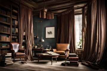 A Canvas Frame for a mockup set amidst heavy draperies and tassels in an old living room, echoing the stories whispered by leather-bound books on dusty shelves