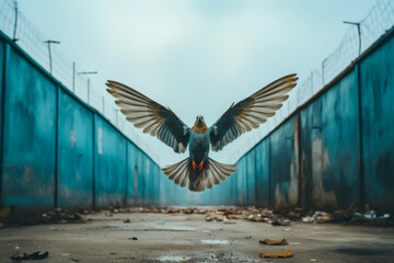 a pigeon with open wings inside an open-air prison corridor, freedom concept
