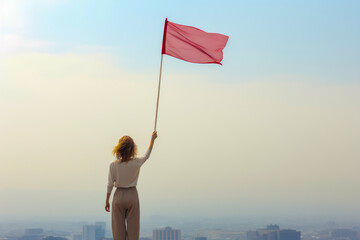 a woman with a red flag raised