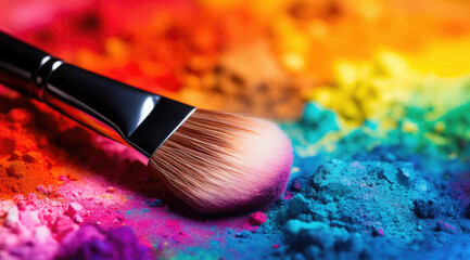 Fototapeta premium cosmetic brush with colorful rainbow powder
