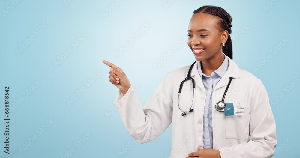 Canvas Prints Happy black woman, doctor and pointing in advertising or marketing against a blue studio background. Portrait of female person, medical or healthcare professional with OK emoji showing list or steps