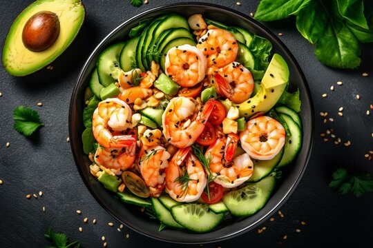Low-carb salmon salad with shrimp, avocado, spinach, cucumber, tomato, cashews, sesame. Healthy fats, top view. Generative AI