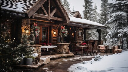 Fototapeta premium Wooden country chalet in the mountains in winter. Generation AI