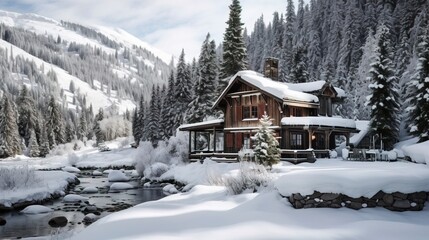 Wooden country chalet in the mountains in winter. Generation AI
