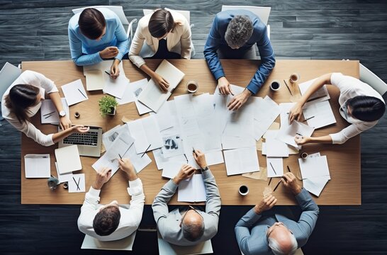 Aerial View Of A Group Of People Working Around A Table, Generative Ai