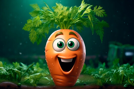 Carrot. Funny cartoon baby carrot with a kind face in the garden. Juicy, fresh vegetable. Template for a children's book, menu, notebook cover, article about healthy eating.