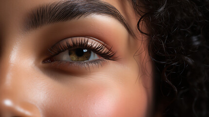 A close up of a female eye with beautiful details and long eyelashes. Generative AI.  - obrazy, fototapety, plakaty