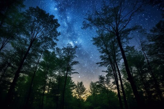 A night scene with starry sky and trees in the foreground, and a blue sky with stars in between the trees. Generative AI