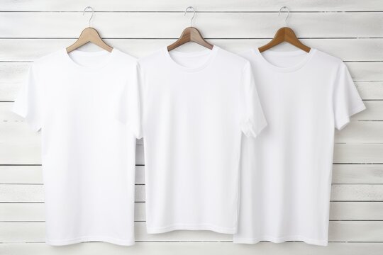 Blank White T-Shirts Mockup hanging on white wooden background