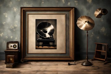 A Canvas Frame for a mockup in an old living room, where the ambiance of bygone days is accentuated by a wind-up gramophone playing a hauntingly beautiful tune