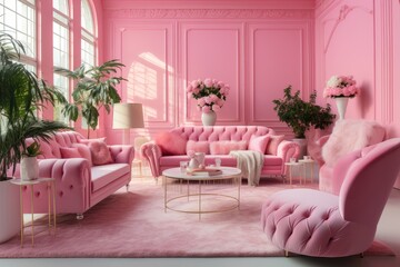 Modern, pink living room. Light interior.