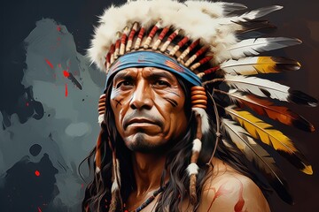 Portrait of an American indian man with traditional headdress. Historical Concept. Background with a copy space. - obrazy, fototapety, plakaty
