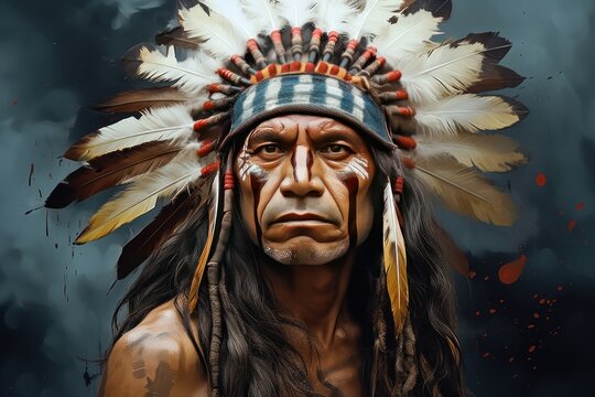 Native american indian chief with feathers in his head on dark background. Historical Concept. Background with a copy space.