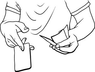 Hands holding cards (poker, blackjack), Tarot card reading, winning move, linear drawing, vector.