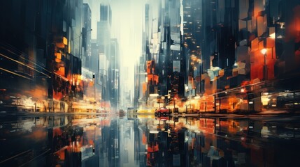 The urban landscape transforms into an abstract texture, with colors and lights blending together in a defocused background