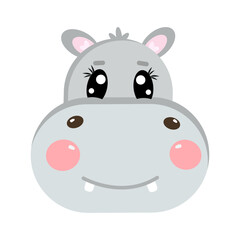 Cartoon kawaii lovely, smiling, cute hippopotamus, hippo face or head for kids, children isolated on white background