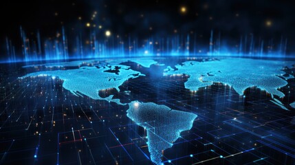 Lines of computer code scroll across the screen, overlaying a digital blue world map, symbolizing global connectivity