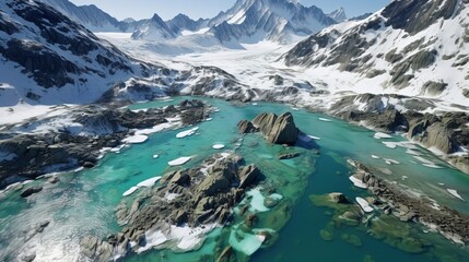 Aerial photography of snowy mountain peaks, glaciers being carried away by the current. Generation AI