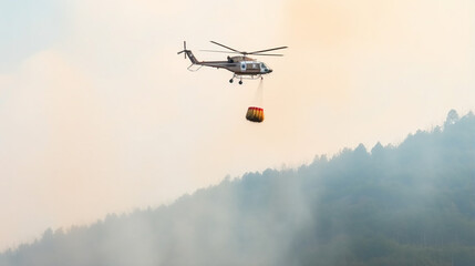 Fototapeta na wymiar Fire fighting helicopter carry water bucket to extinguish the forest fire. generative ai