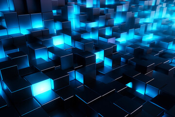 Abstract 3D background group of shiny cubes with blue lights 