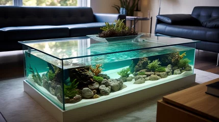 Fotobehang an aquarium in the living room in the form of a coffee table. Generation AI © MiaStendal
