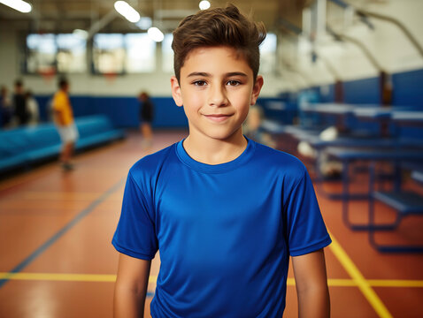 Primer plano de un estudiante latino de primaria en el gimnasio de su escuela usando una playera deportiva azul