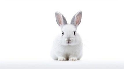 Obraz na płótnie Canvas Beautiful white fluffy rabbit in white background. AI generated image