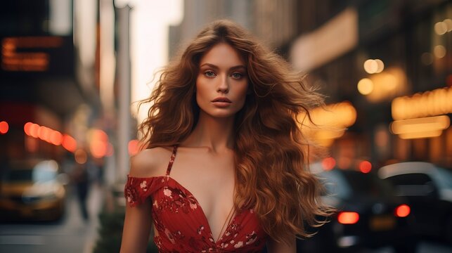 A young beautiful girl with her hair down, in a beautiful feminine dress, walks along the streets of the metropolis. AI generation
