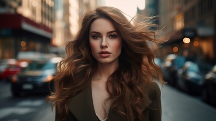 A young beautiful girl with her hair down, in a beautiful feminine dress, walks along the streets of the metropolis. AI generation
