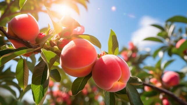 The peach orchards are in full bloom, with juicy peaches hanging from the branches in the summer sun