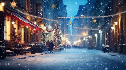 Blurred bokeh of a festive winter city, big city lights. Generation AI - obrazy, fototapety, plakaty